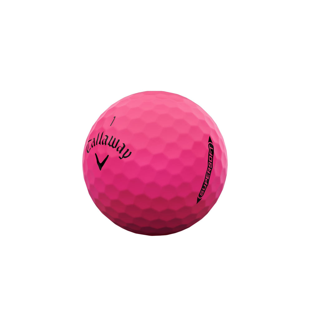Hand holding a Callaway Supersoft pink ball to show size and low-compression feel for golfers