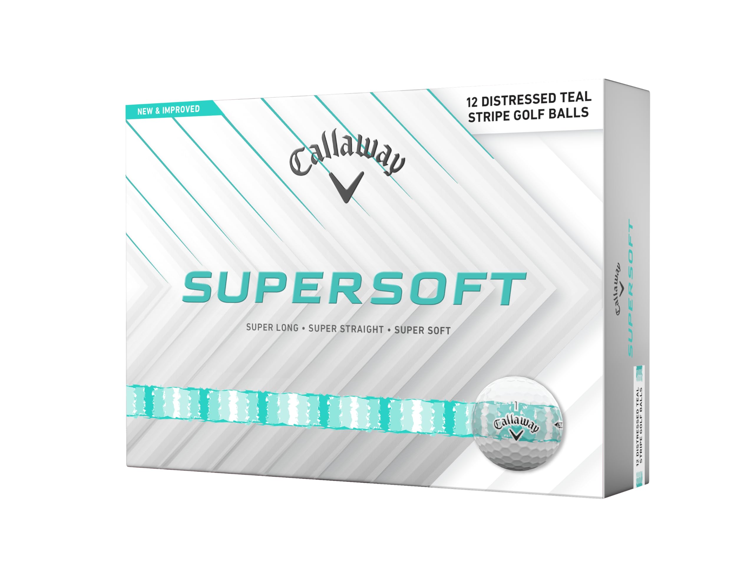 Callaway Supersoft pack front view showing teal stripe and 12-ball blister benefit visibility