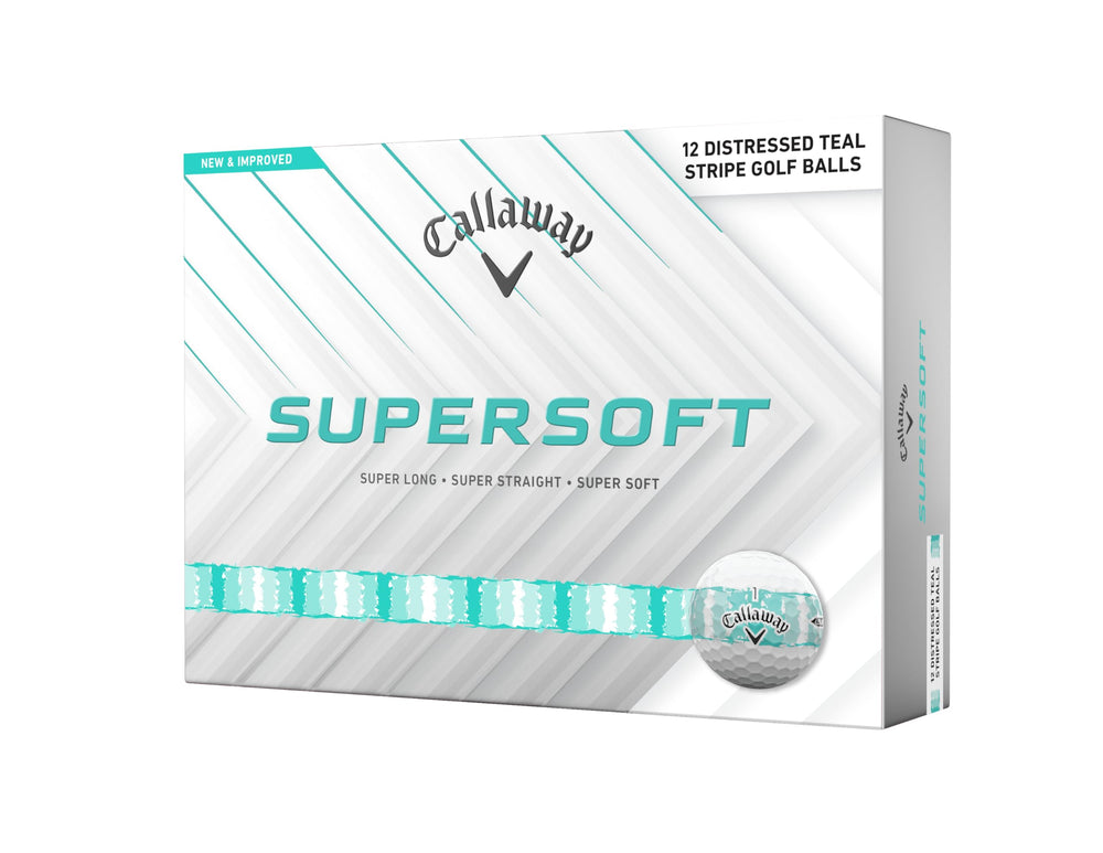 Callaway Supersoft pack front view showing teal stripe and 12-ball blister benefit visibility