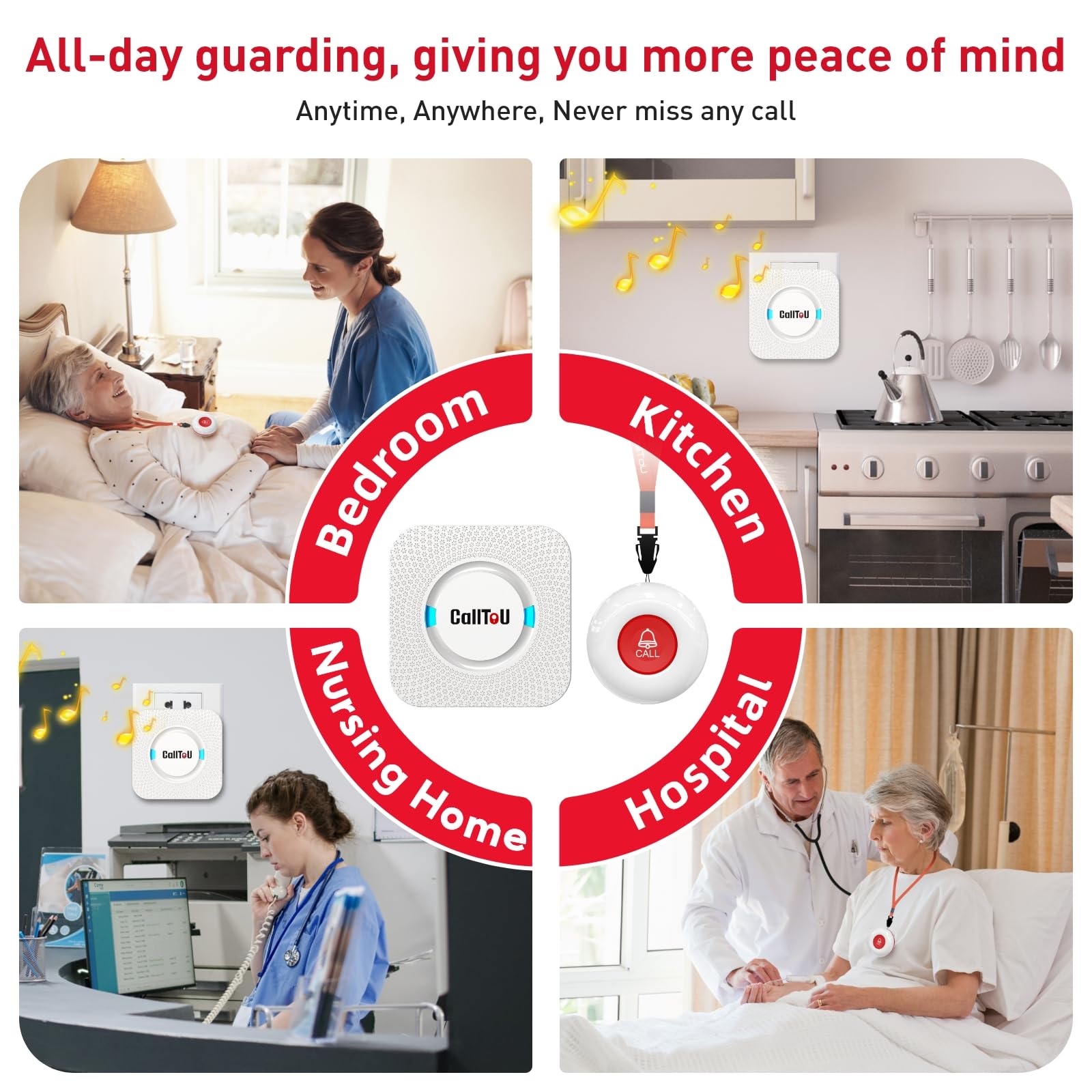 CallToU receiver plugged into outlet in living room for constant monitoring