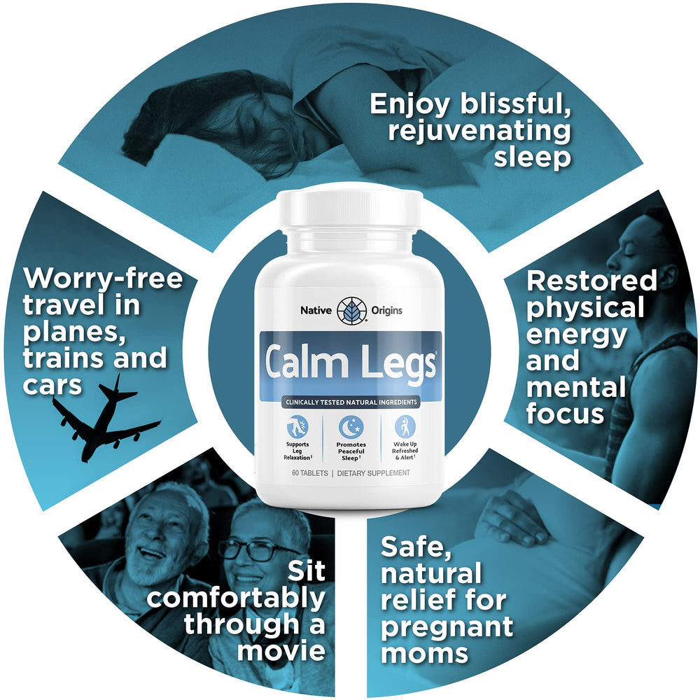 Open Calm Legs bottle with tablets spilled illustrating the 60-count supply