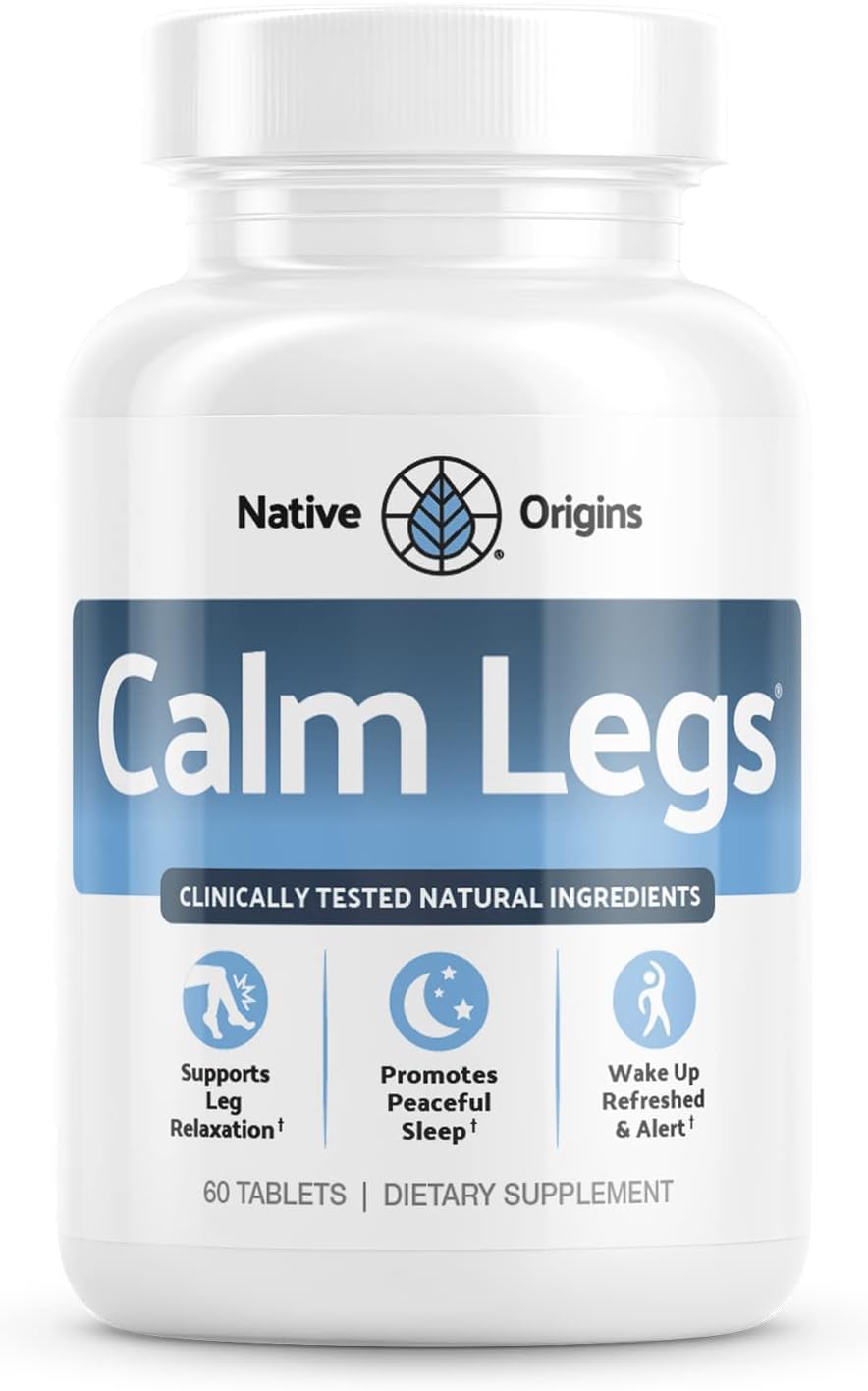 Calm Legs front packaging showing bottle and brand for restful nights