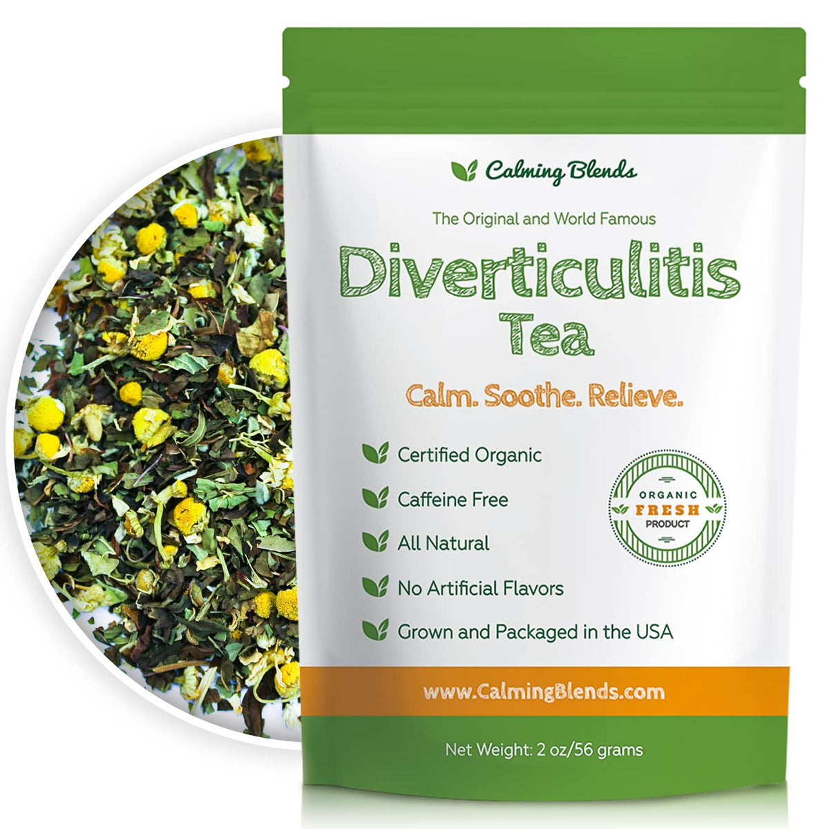 CALMING BLENDS front packaging showing pouch and label benefits
