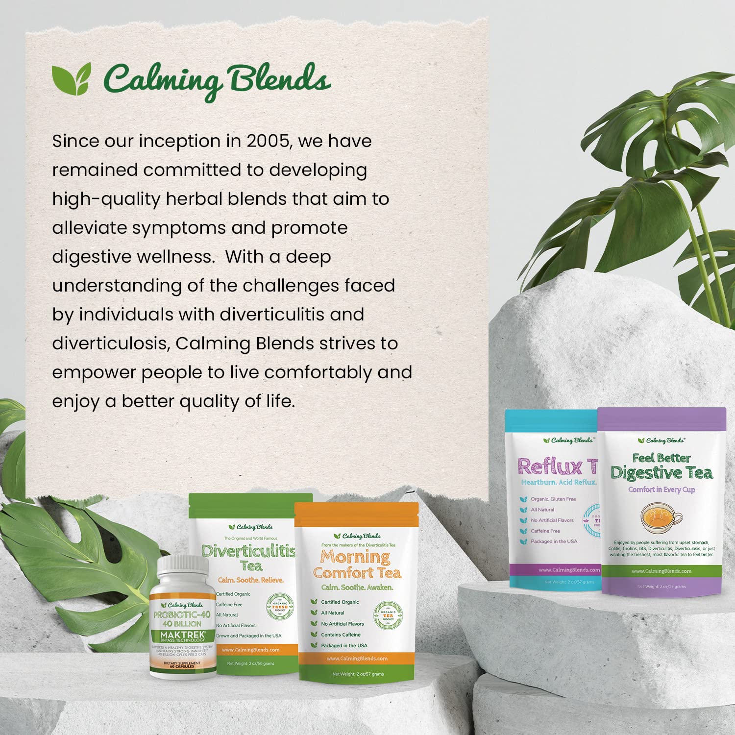 CALMING BLENDS ingredient layout showing chamomile peppermint marshmallow harmony