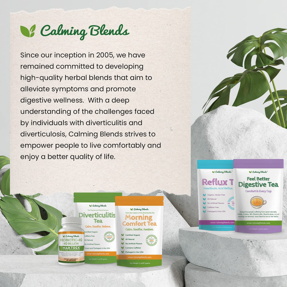 CALMING BLENDS ingredient layout showing chamomile peppermint marshmallow harmony