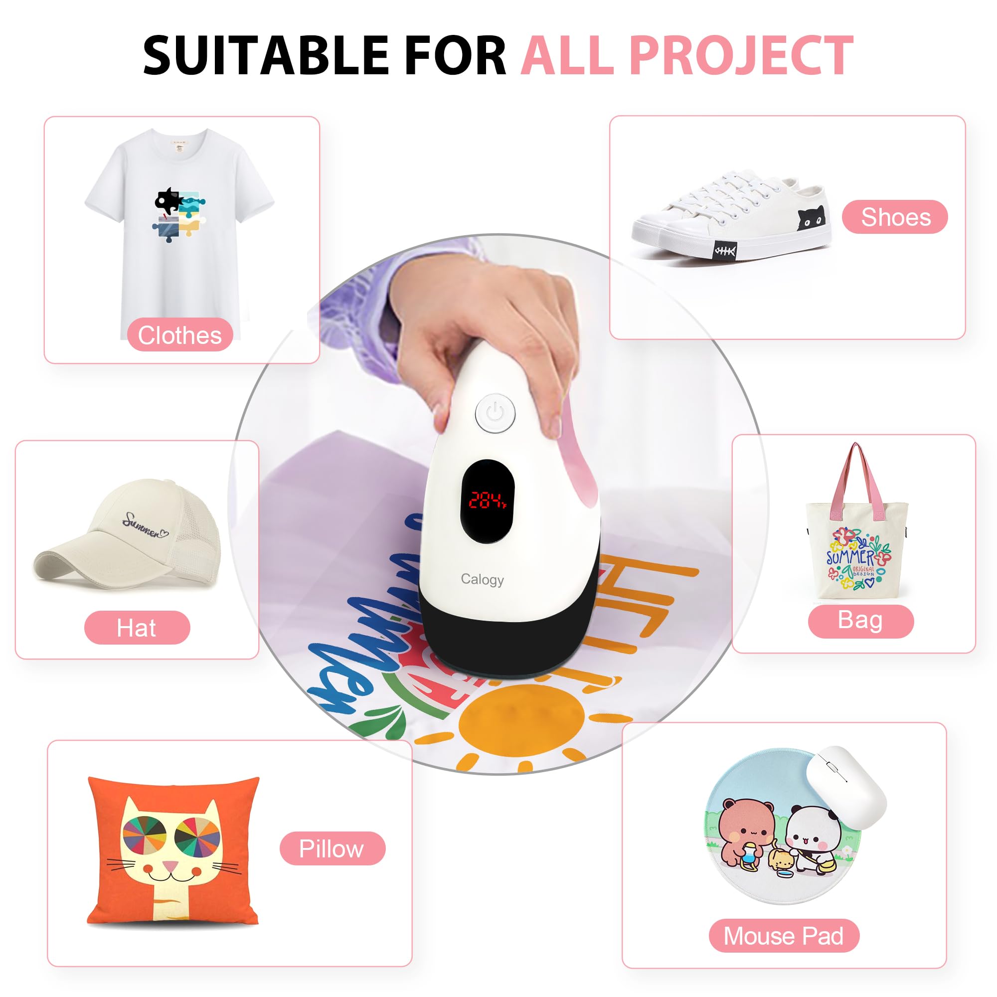 Calogy mini heat press pressing a small T-shirt vinyl transfer for easy personalization