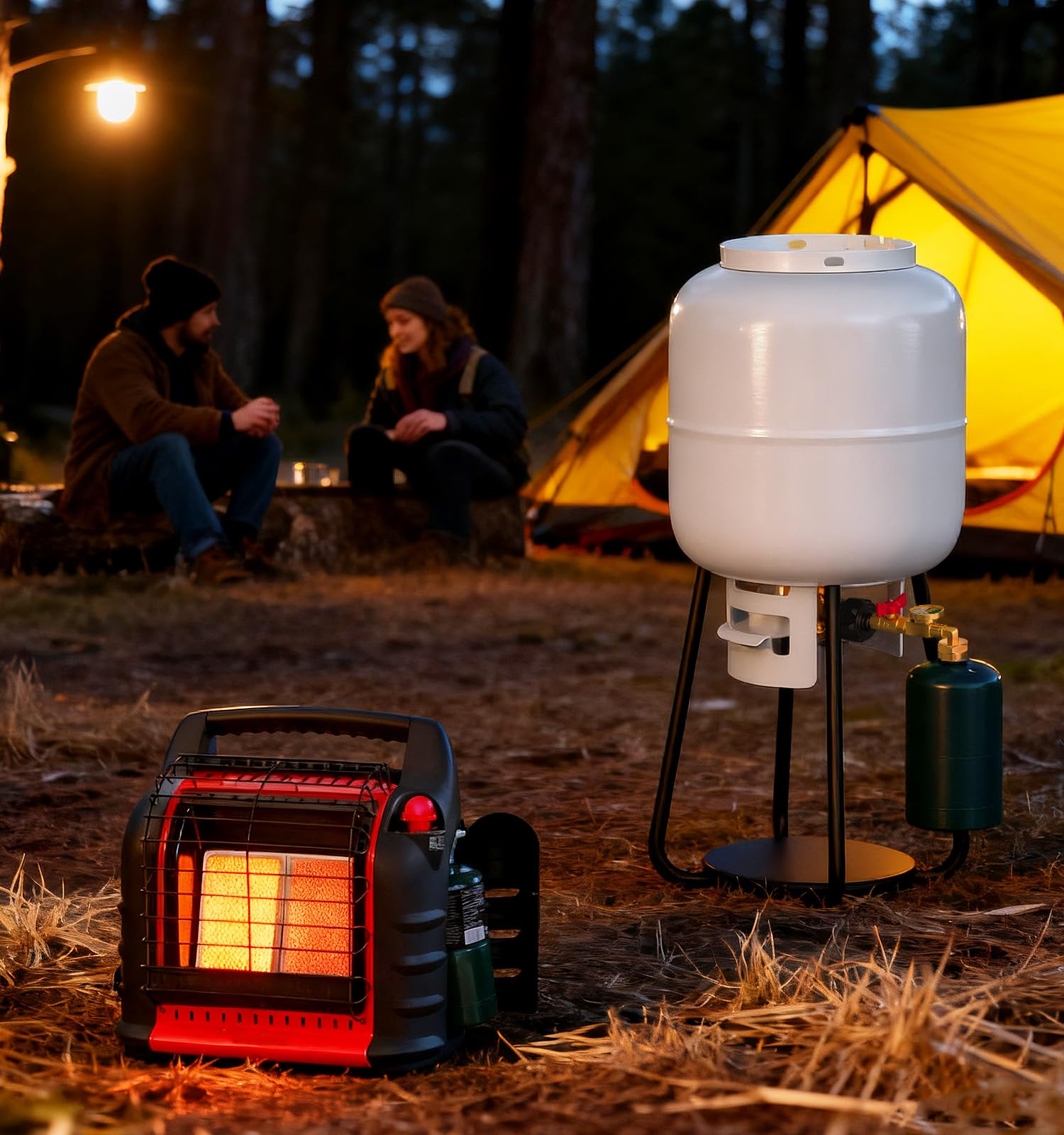 CALPOSE lifestyle shot at campsite showing quick, tool-free refilling