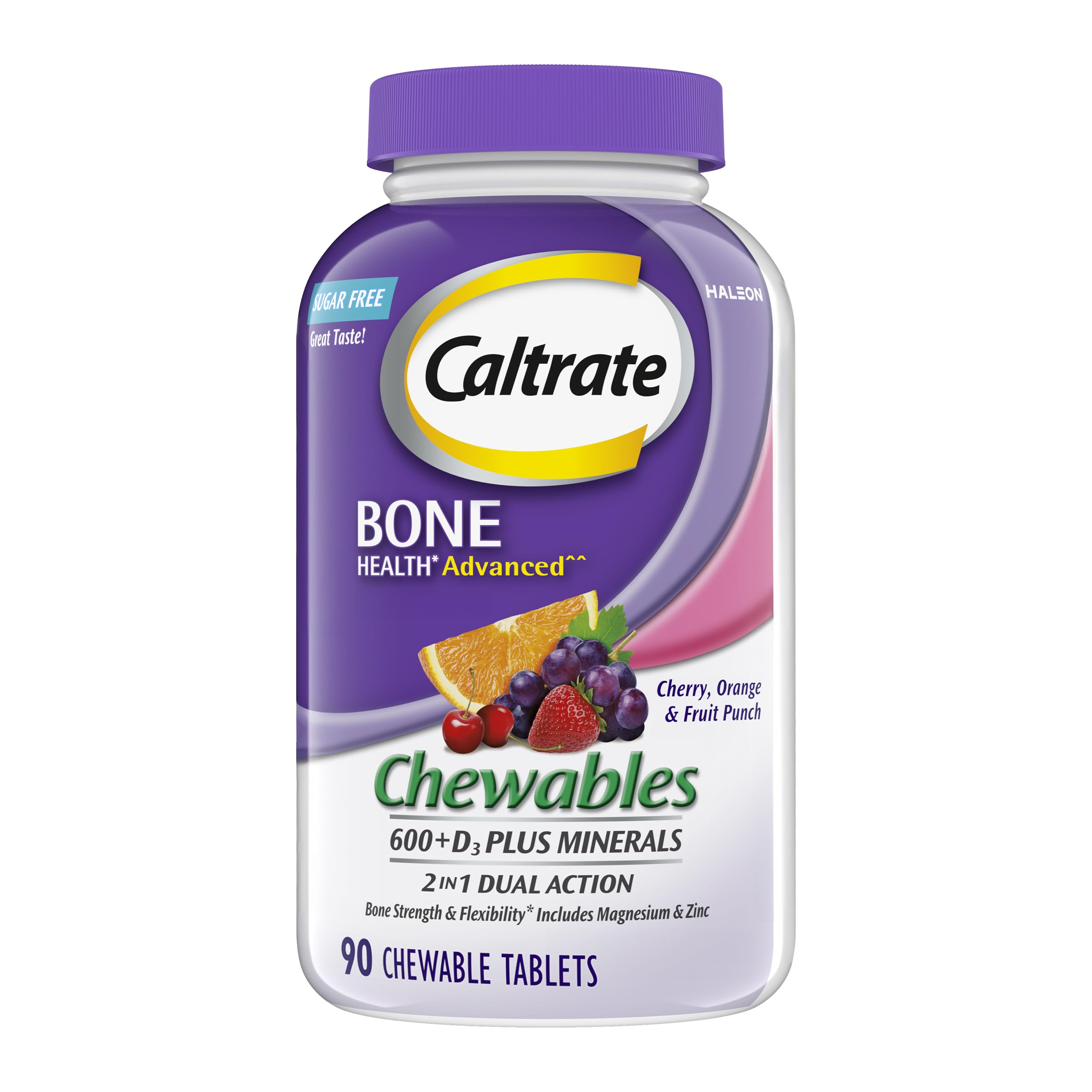 Caltrate bottle front view showing label and 90 count for convenient supply