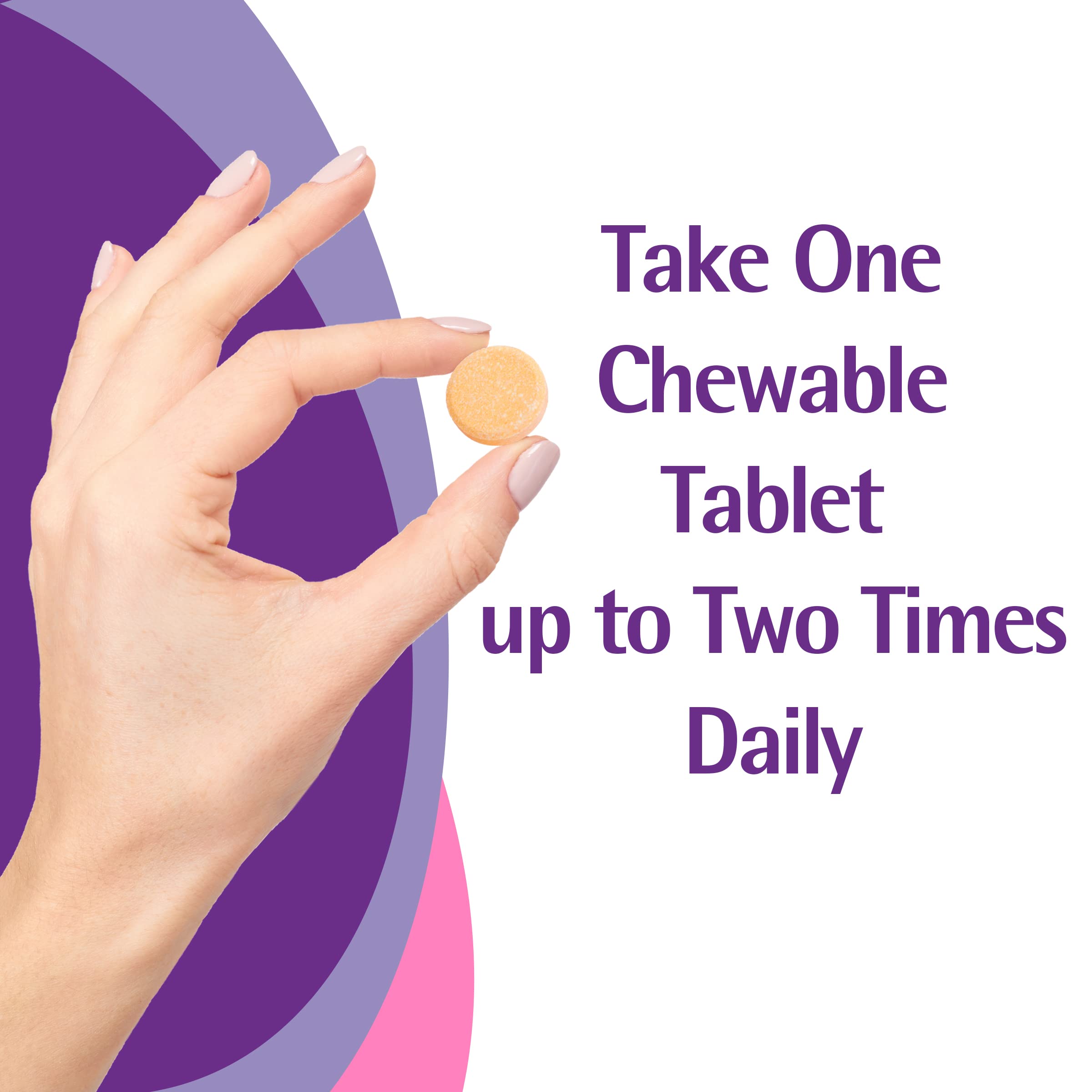 Hand holding a Caltrate chewable tablet to show suggested serving size
