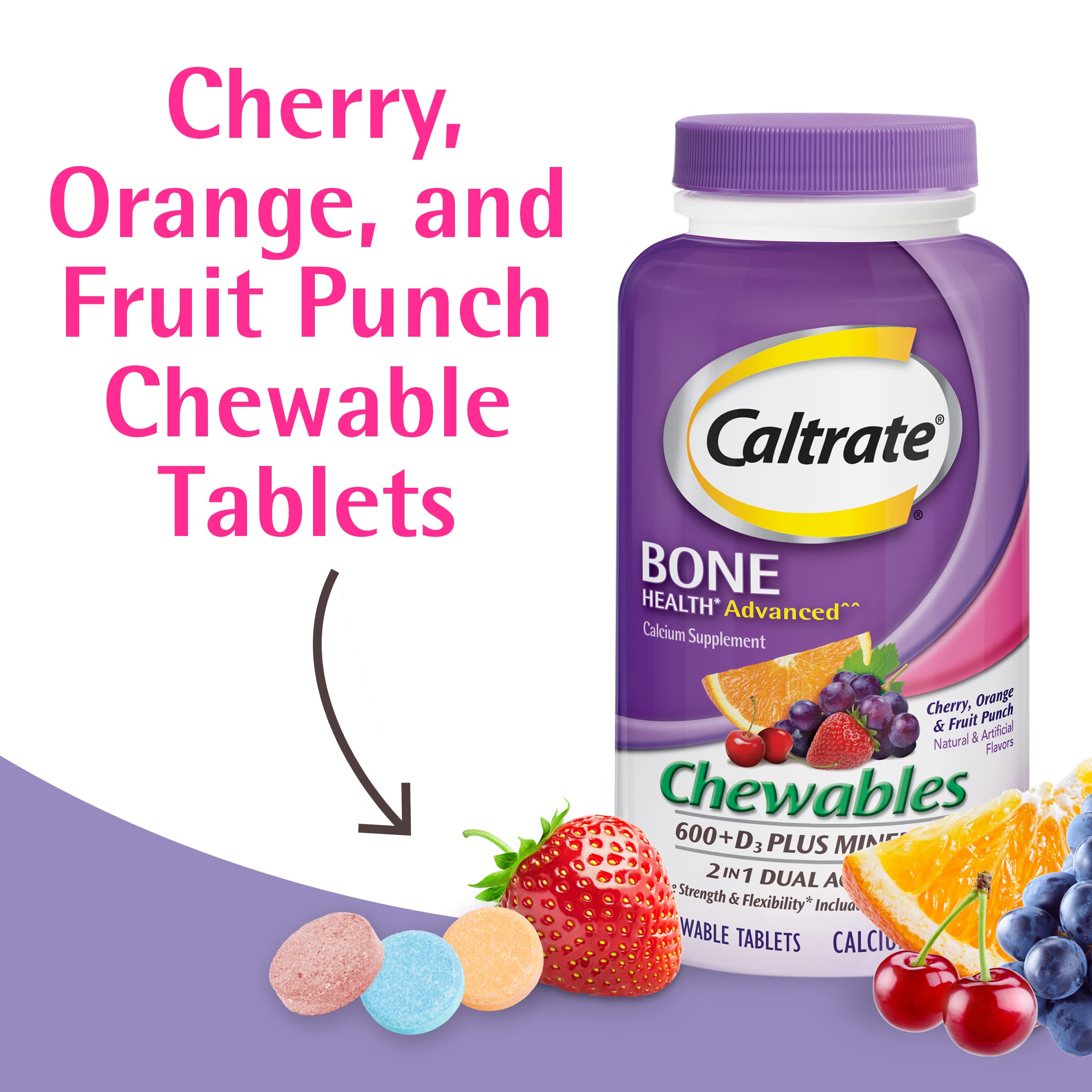 Close-up of Caltrate chewable tablets emphasizing smooth texture and chewability