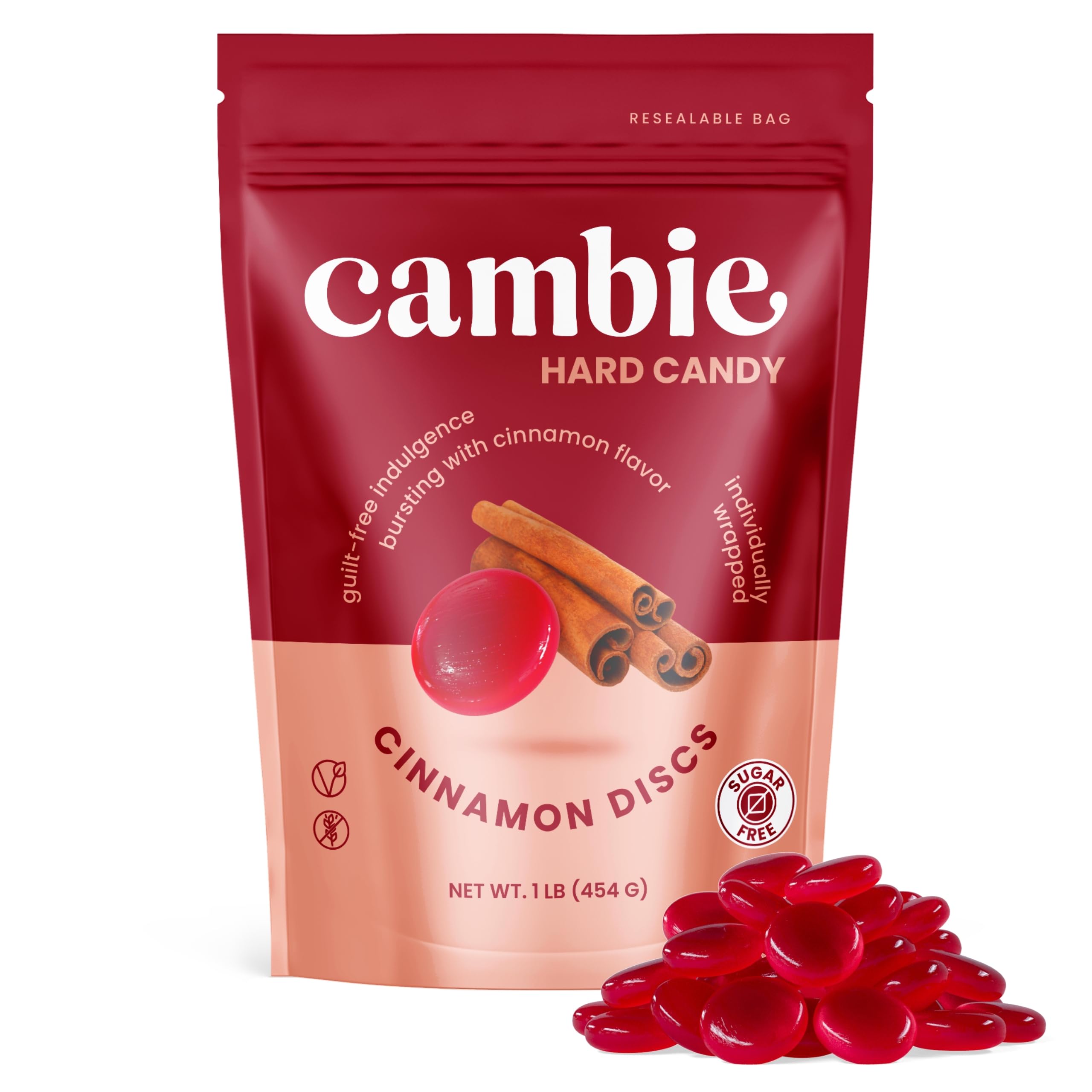 Cambie single disc closeup showing glossy surface and intense cinnamon flavor benefit