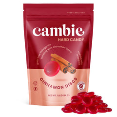 Cambie single disc closeup showing glossy surface and intense cinnamon flavor benefit