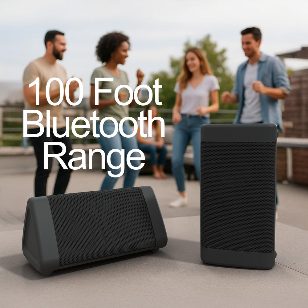 Cambridge Soundworks held in hand to show lightweight 10-ounce portability benefit