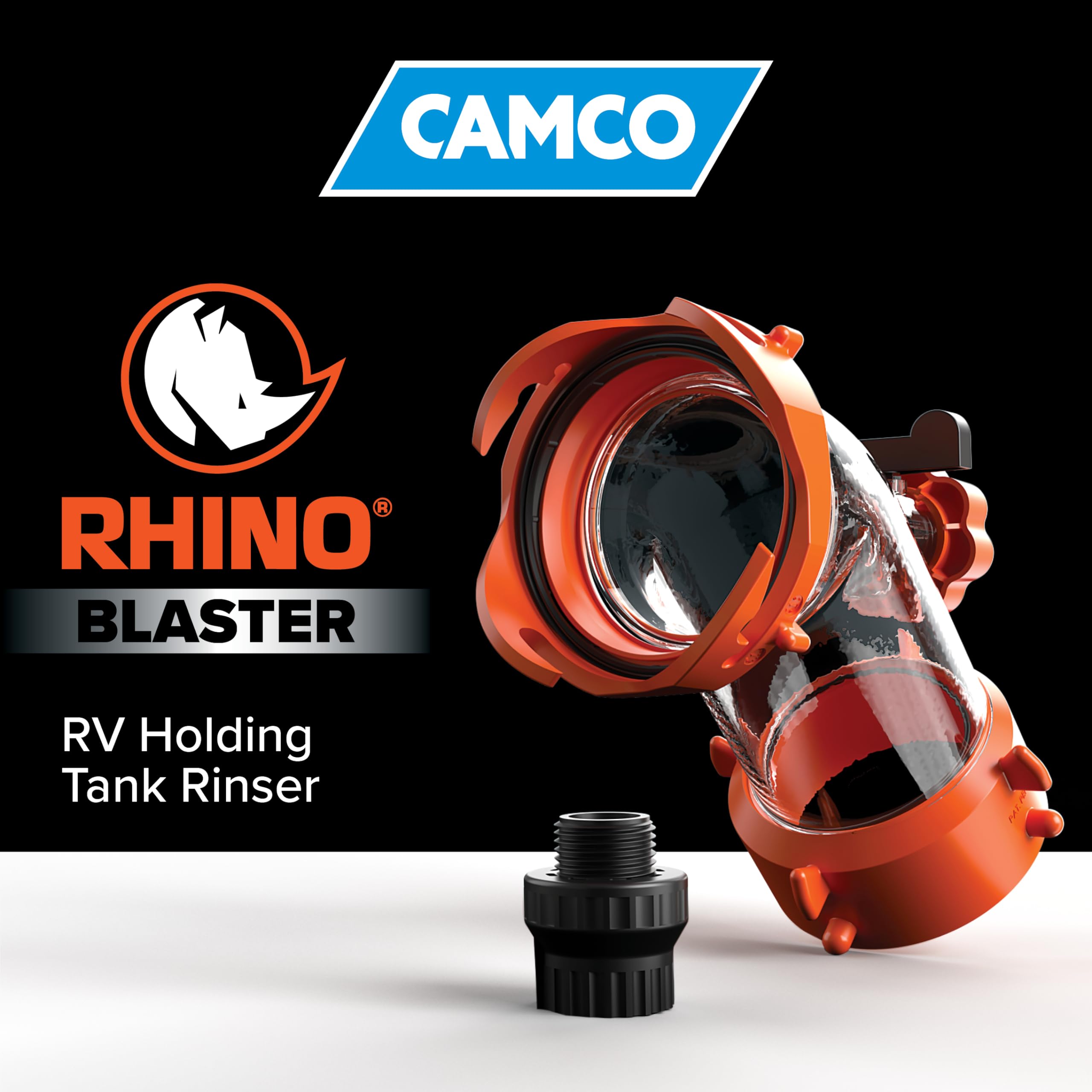 Camco Rhino Blaster rinsing a portable tote tank for thorough odor-free results