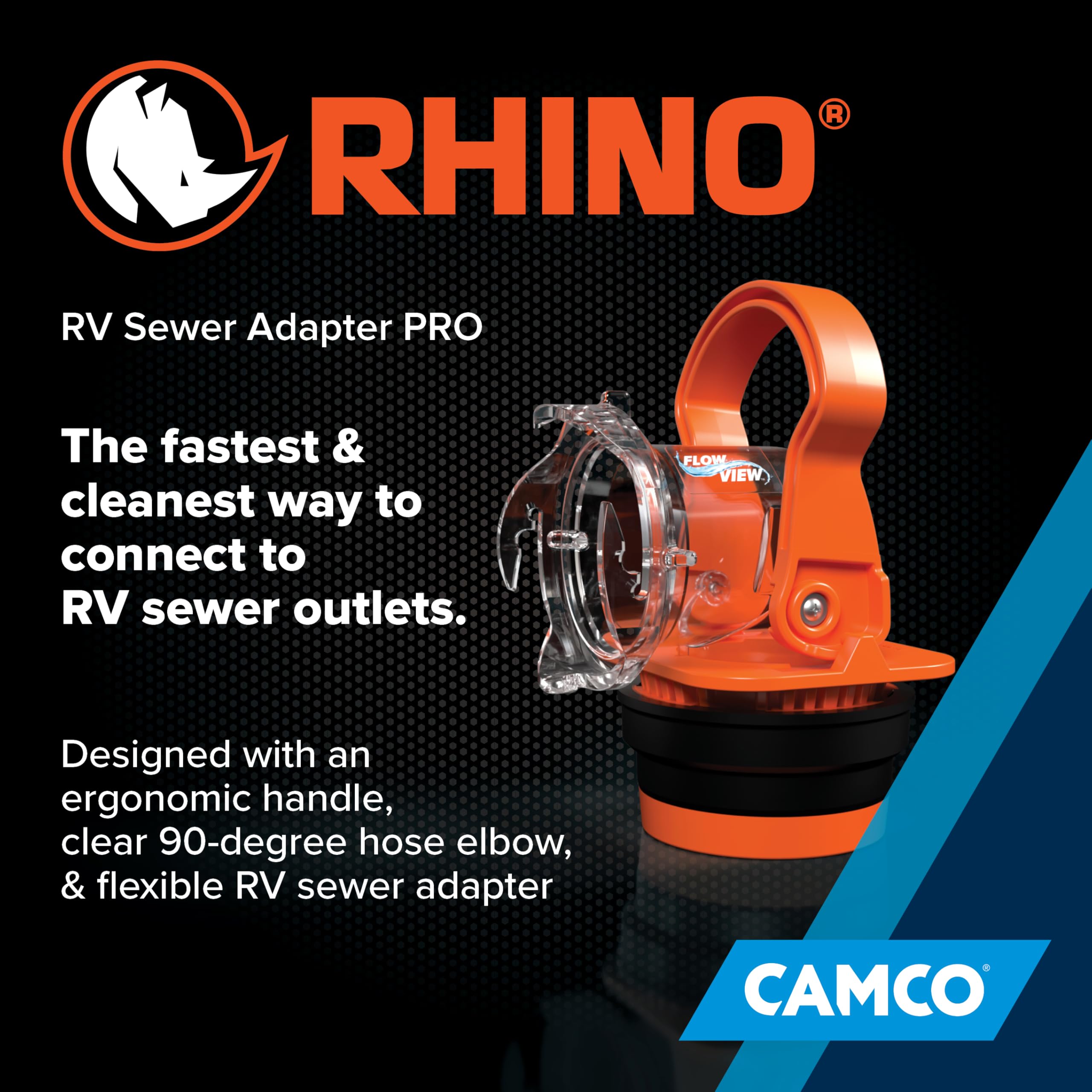 Camco Rhino next to sewer hose showing scale and compact storage benefit