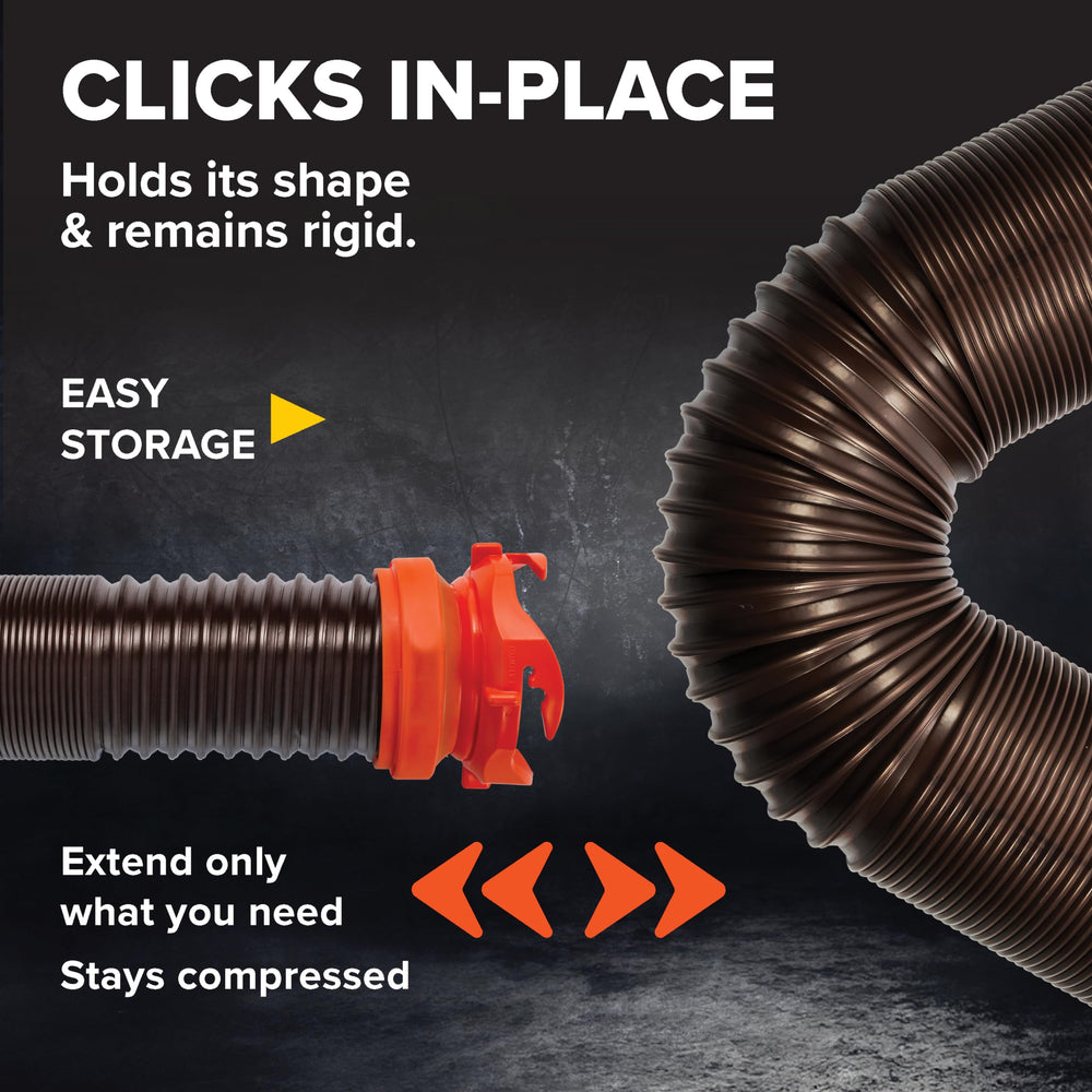 Camco RhinoFLEX fully extended to 10 feet offering extra reach for easier dumping
