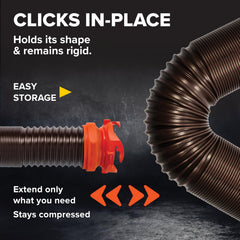 Camco RhinoFLEX fully extended to 10 feet offering extra reach for easier dumping