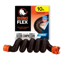 Camco RhinoFLEX front view showing full hose and attached fittings, durable build benefit