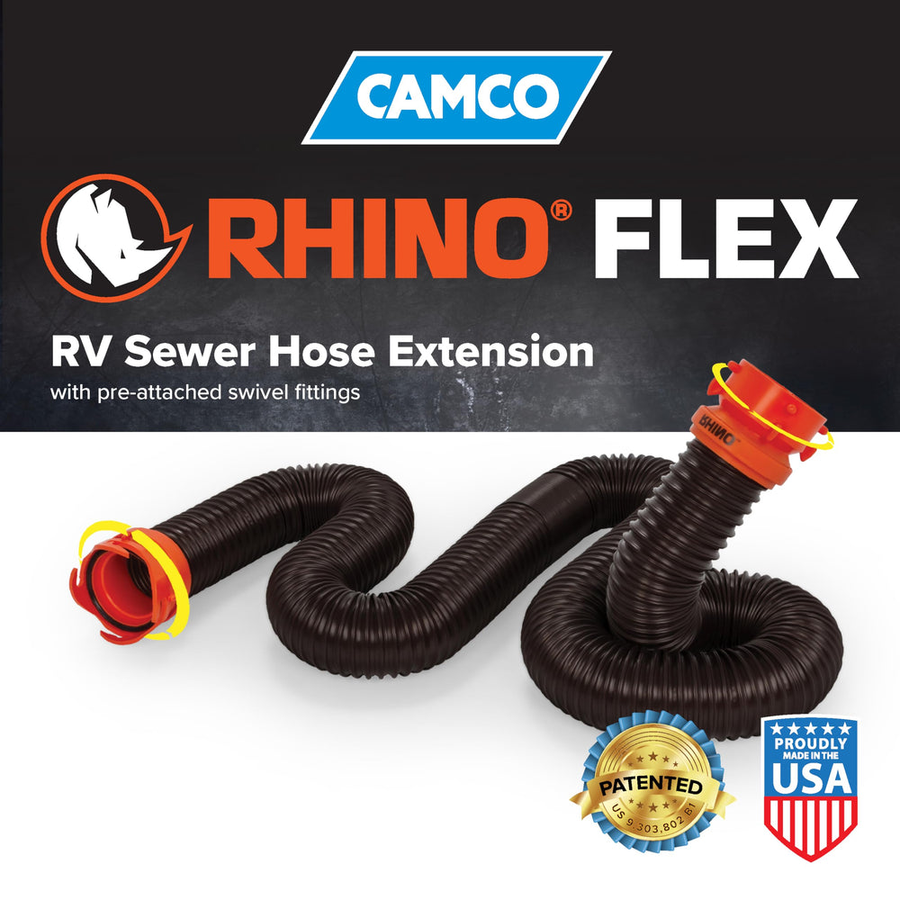 Camco RhinoFLEX beside RV bumper showing scale and compact storage advantage