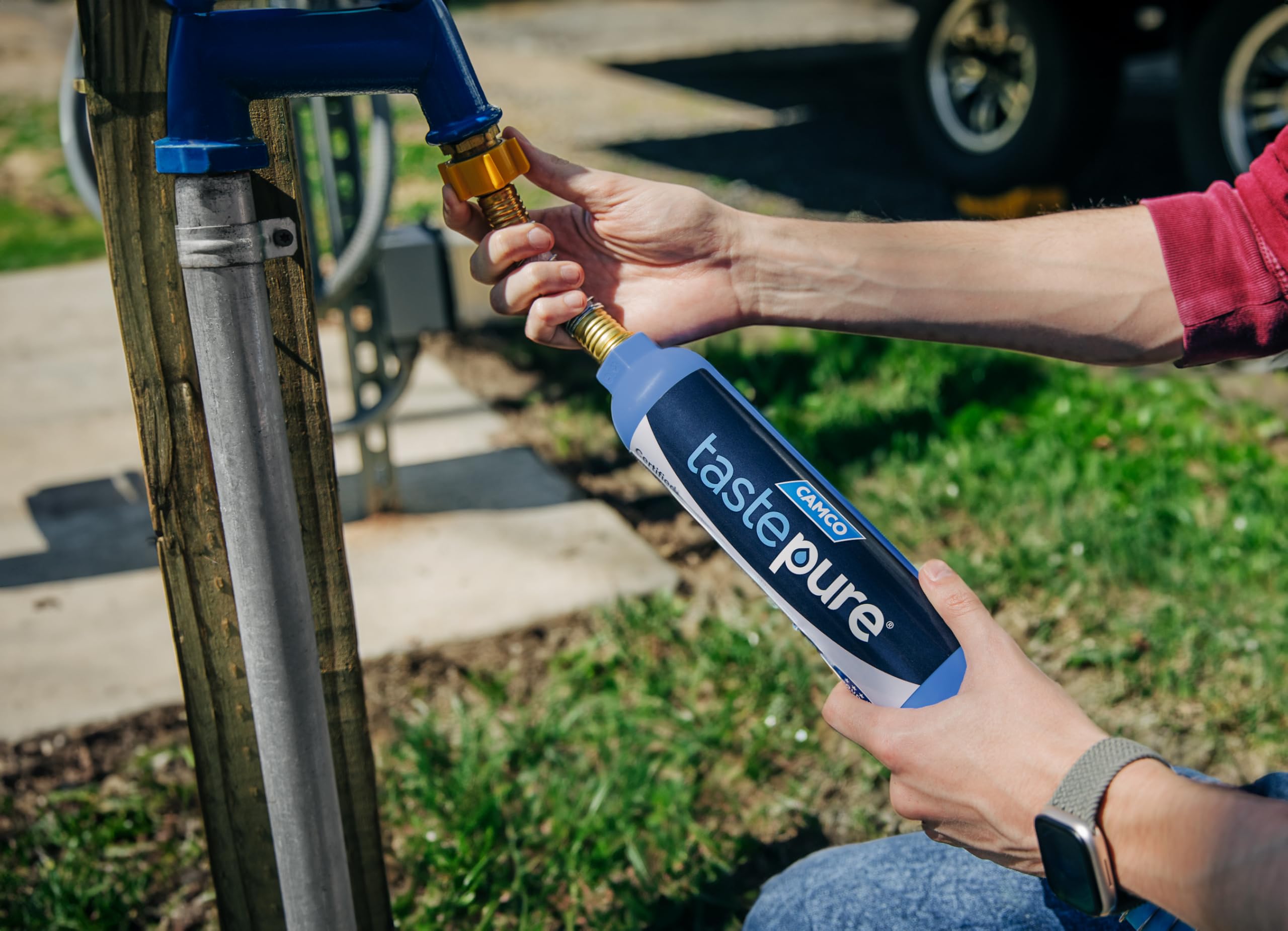 Camco Tastepure in use at a campsite delivering better-tasting water for cooking