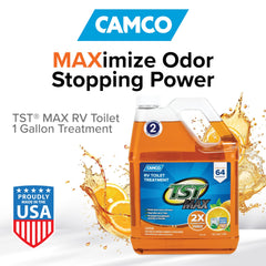 Camco label closeup highlighting usage instructions and safety benefit