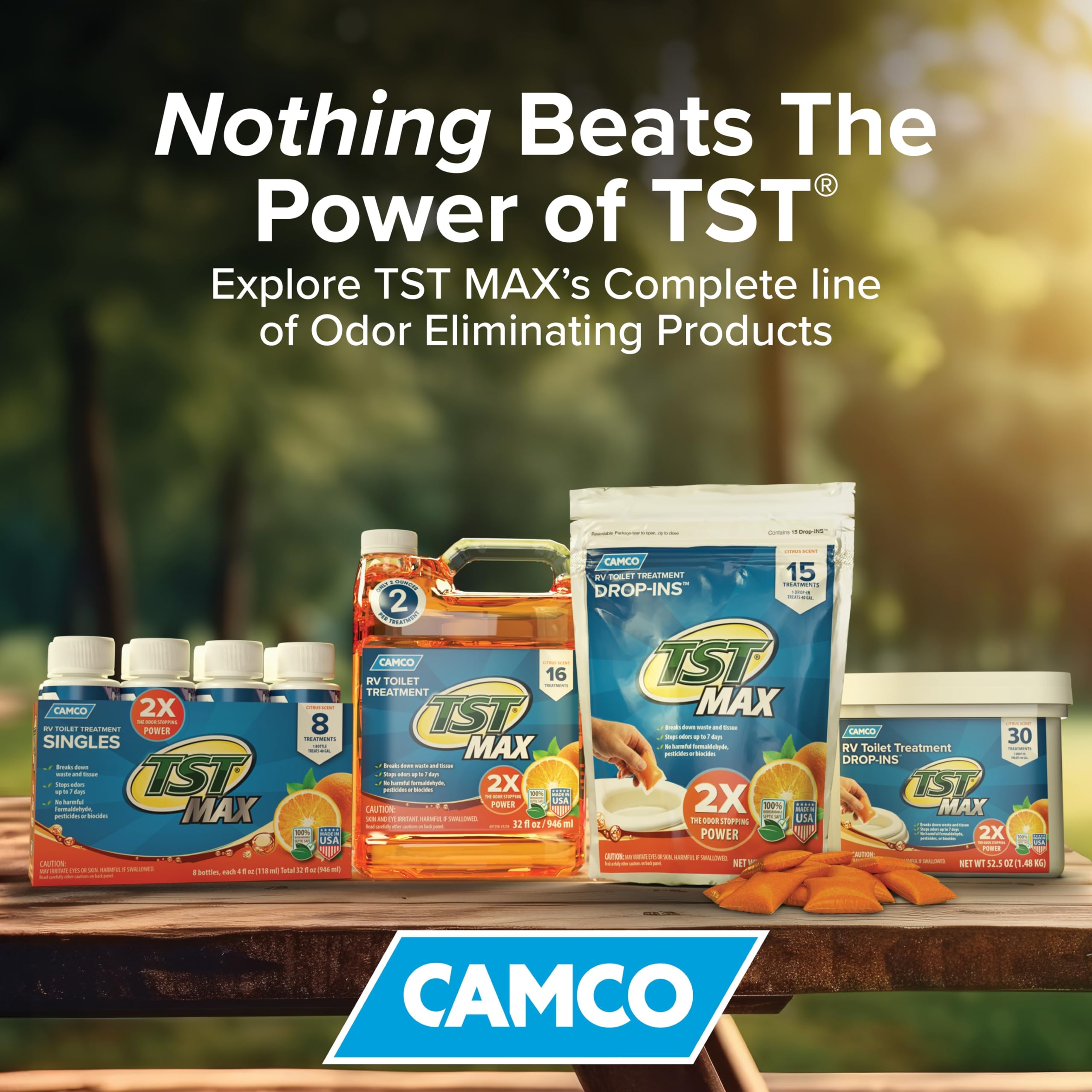 Camco TST MAX at campsite showing fresh tank and peace of mind benefit