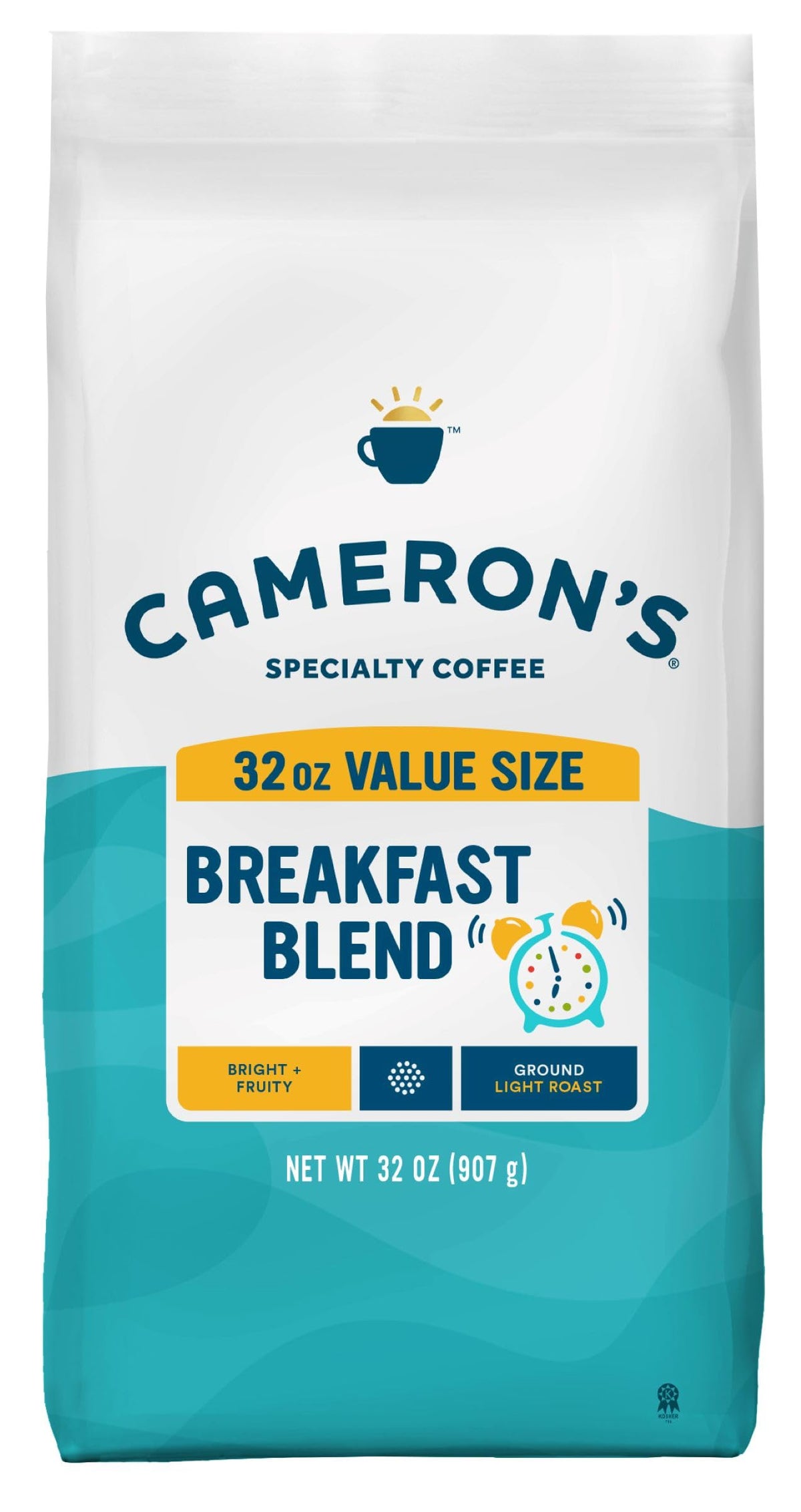 Cameron's Coffee front packaging of 32 oz breakfast blend showing brand and size for clear purchase benefit