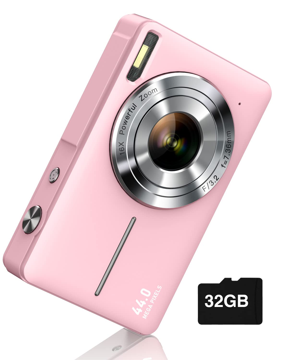 CAMKORY front view pink camera showing controls and ready to shoot