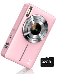 CAMKORY front view pink camera showing controls and ready to shoot