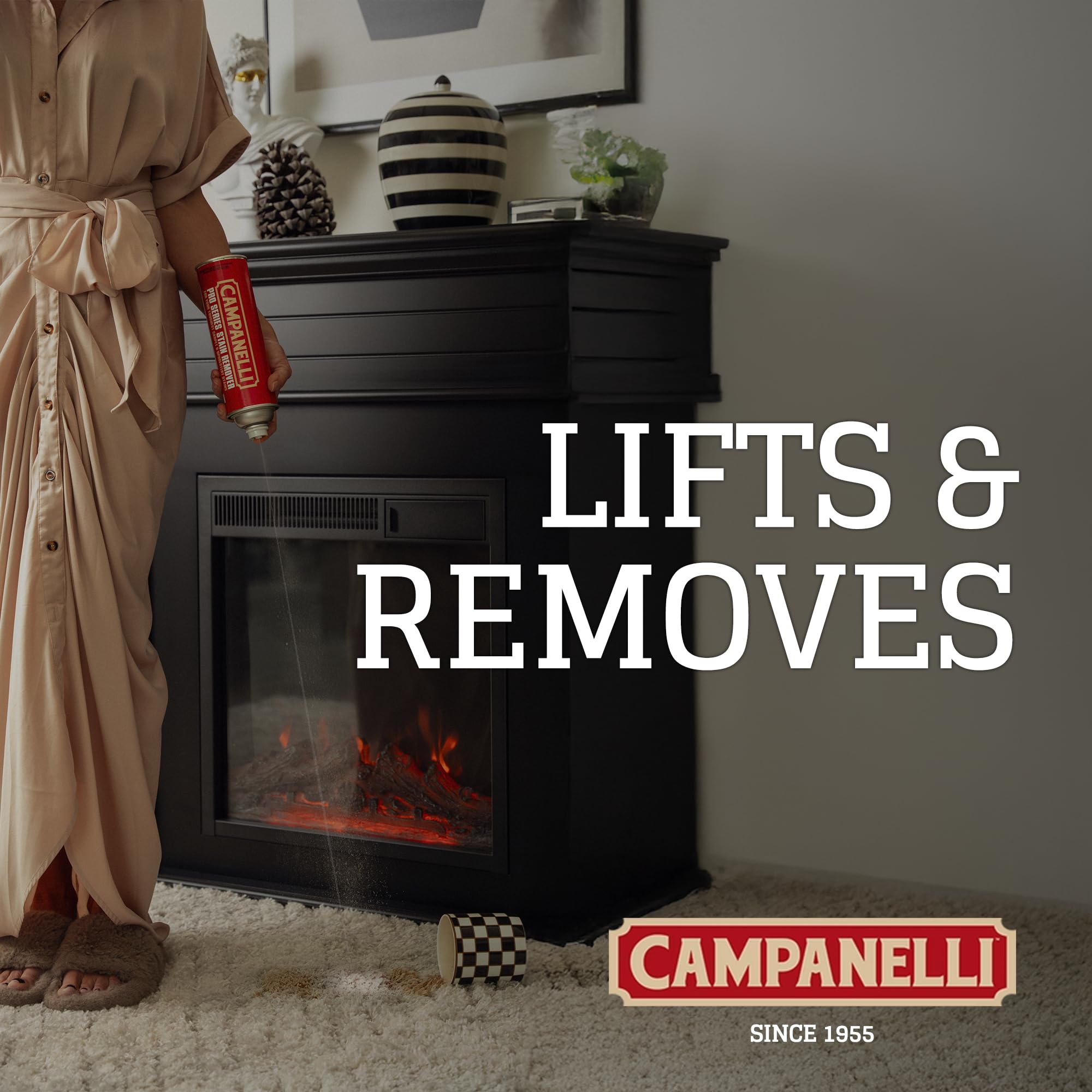 Campanelli aerosol spray aimed at a carpet stain for fast spot treatment