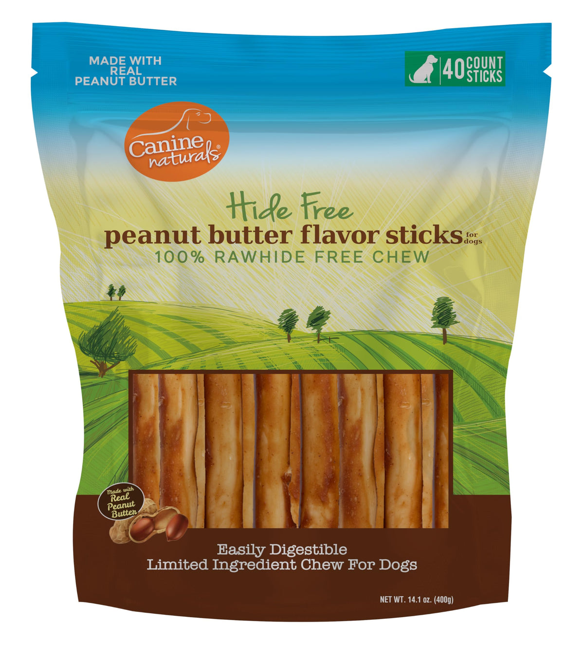Canine Naturals front packaging showing 40-count peanut butter chew sticks, clear rawhide-free label for安心