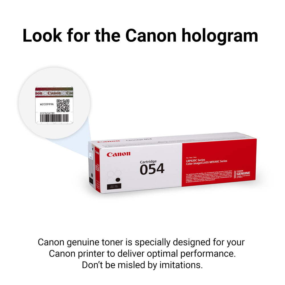 Canon 054 cartridge next to paper stack illustrating compact size and yield benefit