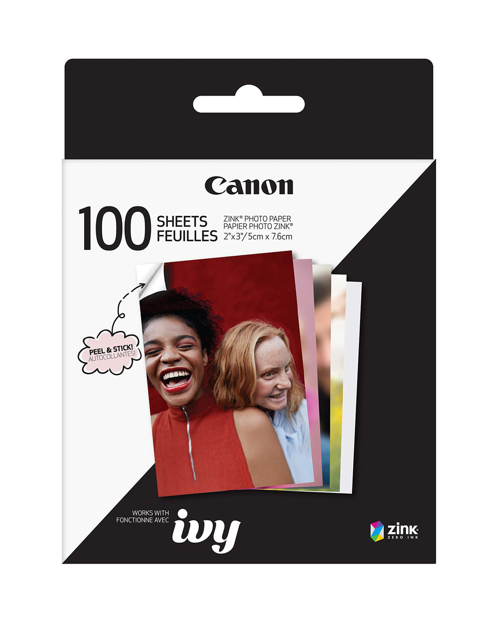 Canon Ivy pack front packaging showing 100 sheets and brand benefits