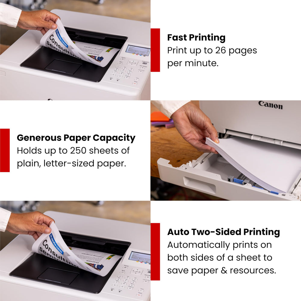 Canon imageCLASS LBP646Cdw output tray with crisp color pages demonstrating fast reliable printing