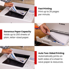Canon imageCLASS LBP646Cdw output tray with crisp color pages demonstrating fast reliable printing