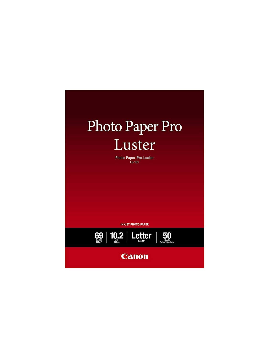 Canon LU-101 front packaging showing 50 sheets and benefits for vivid prints