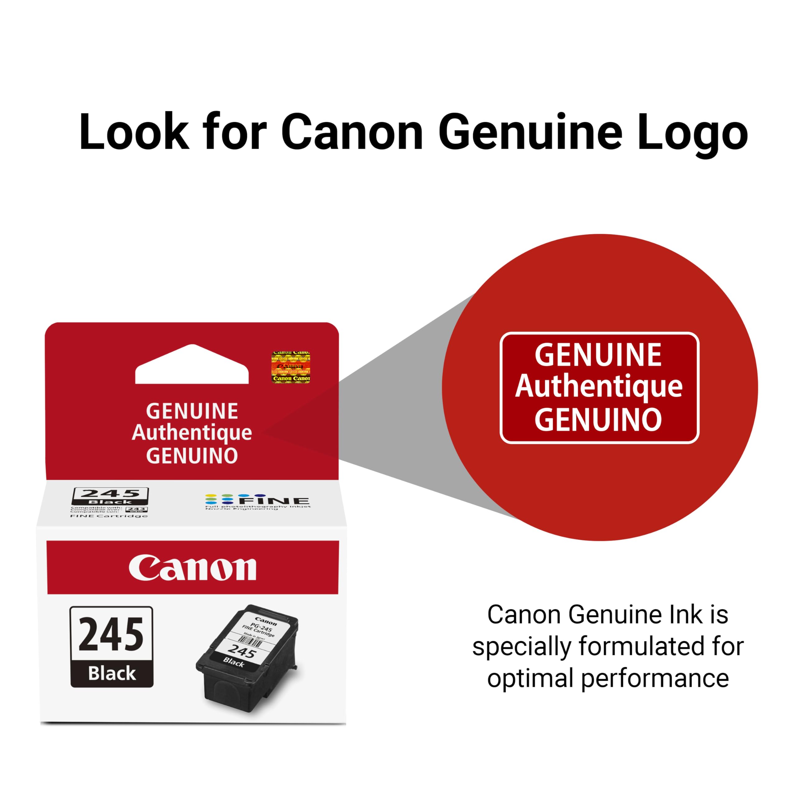 Canon PG-245 packaging label detail showing Canon logo for authenticity