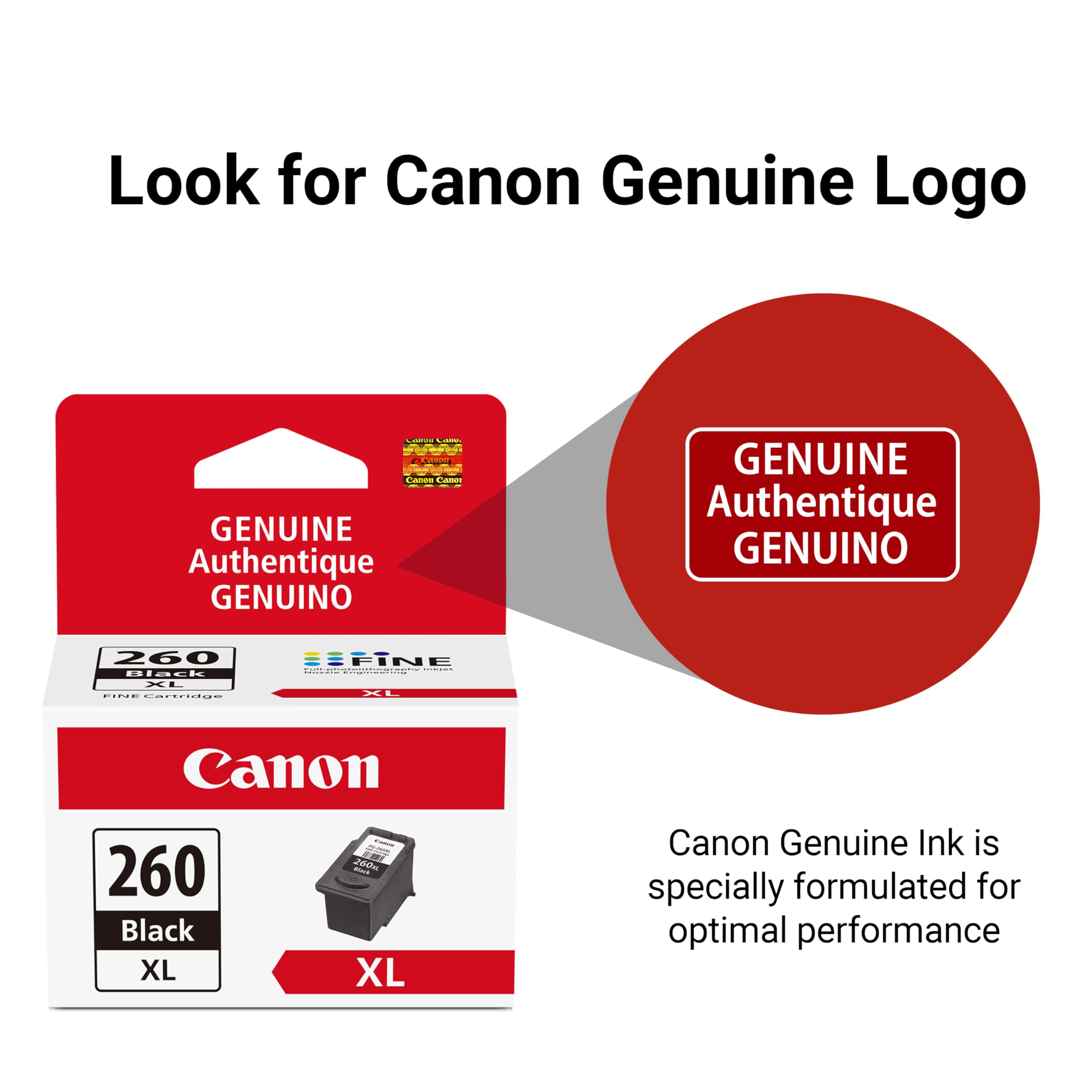 Canon packaging anti-counterfeit logo close-up proving genuine Canon ink