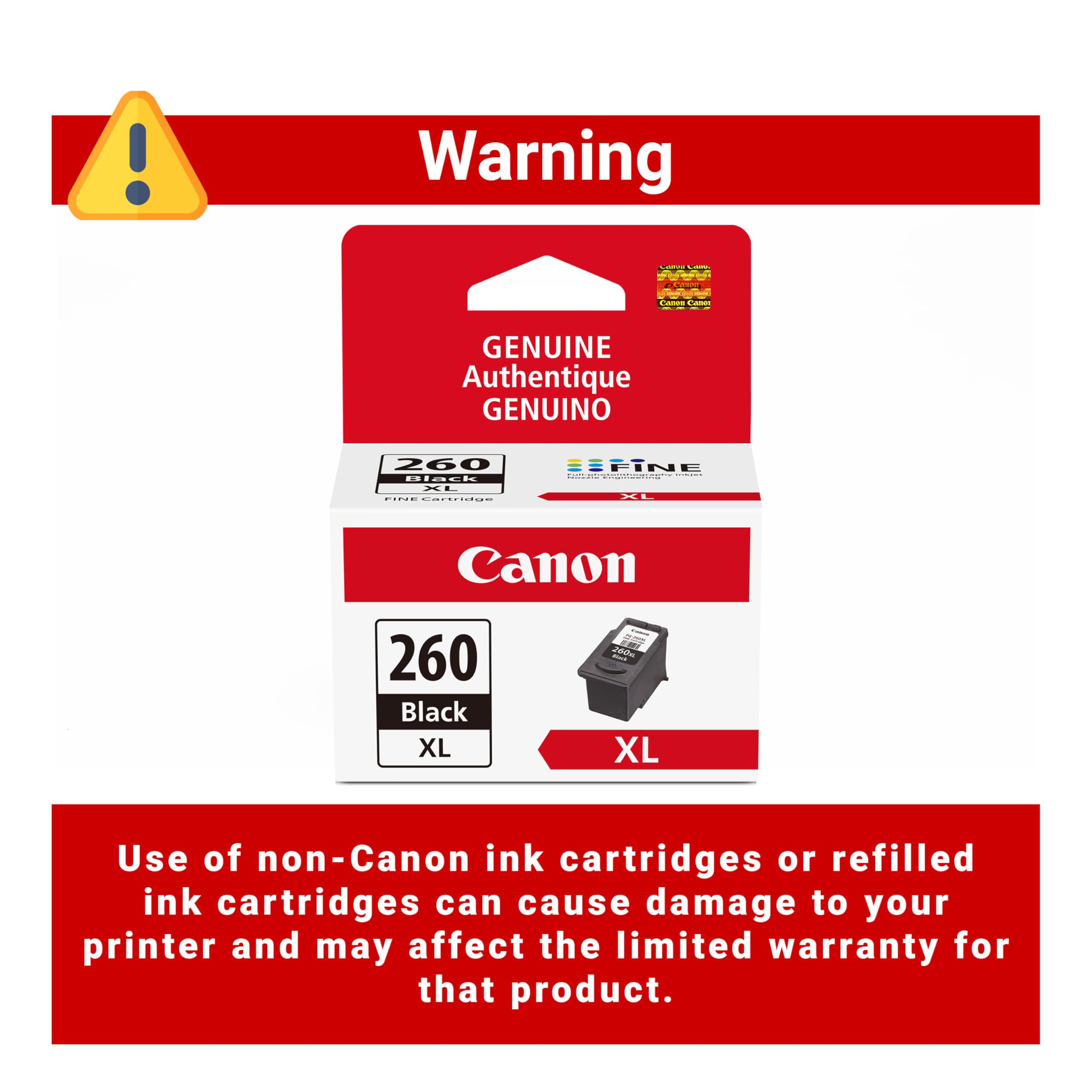 Printed document with black text showing Canon PG-260 XL delivering crisp results