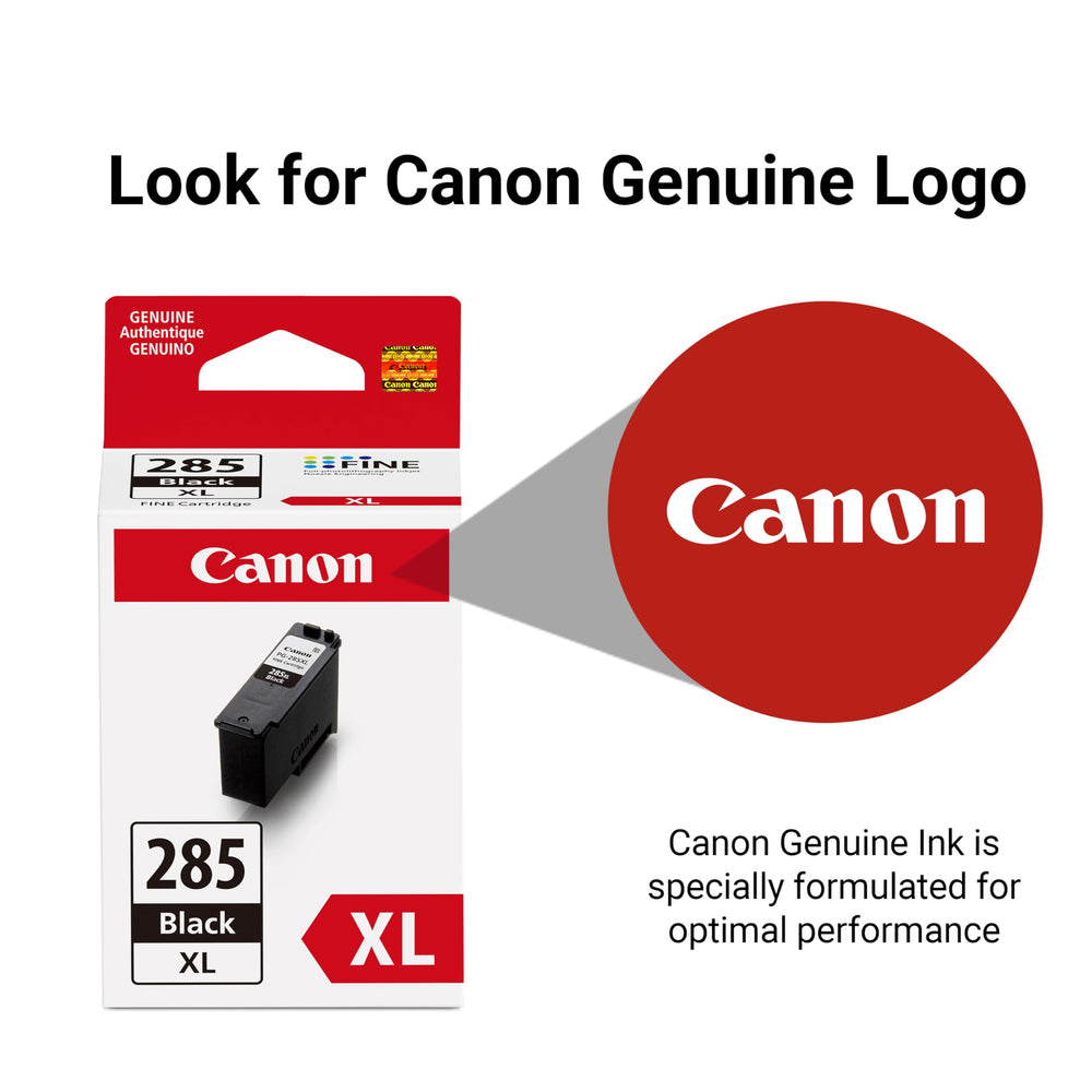 Back label of Canon PG-285 XL packaging displaying compatibility and yield details