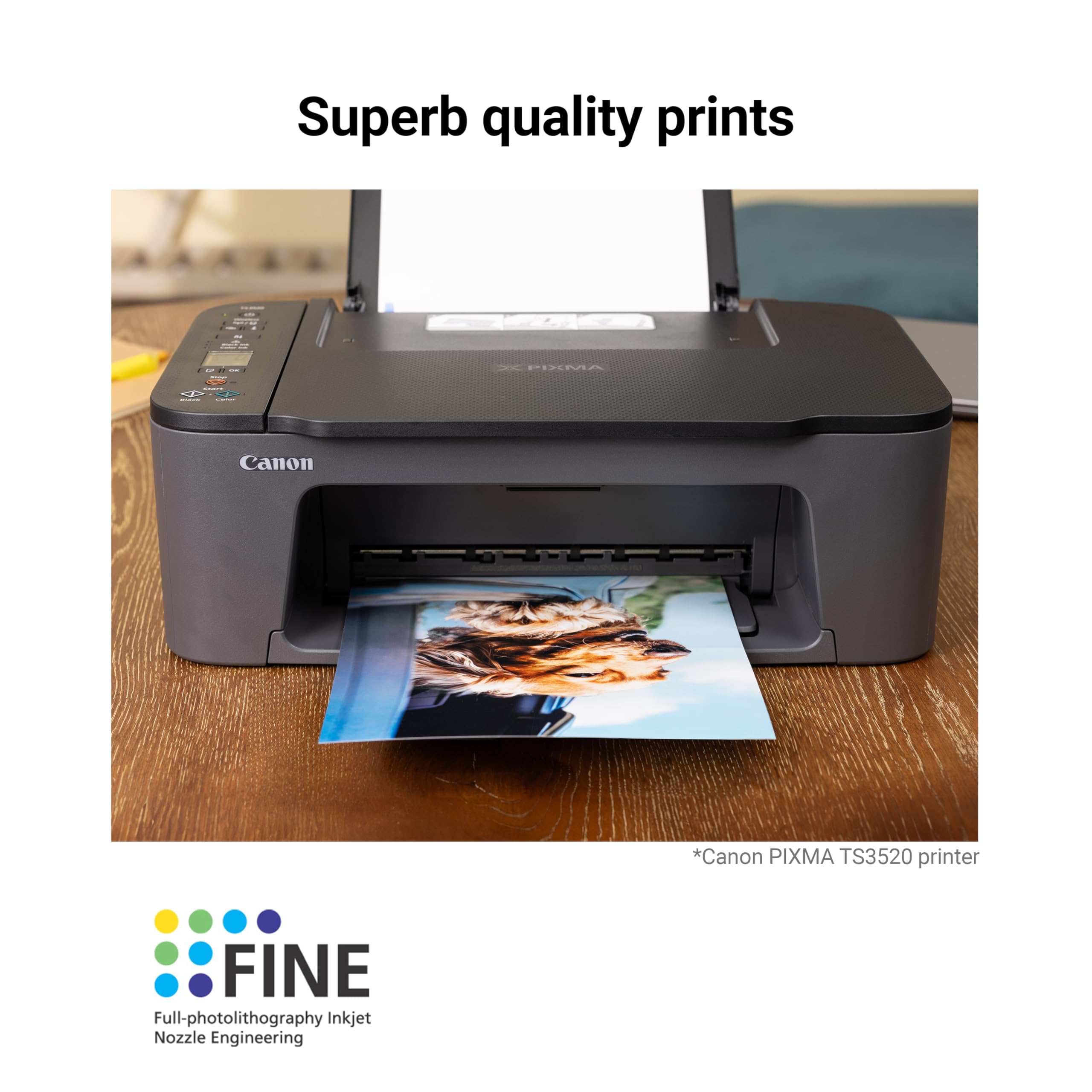 Home office desk with Canon printer using PG-275 CL-276 inks showing dependable performance
