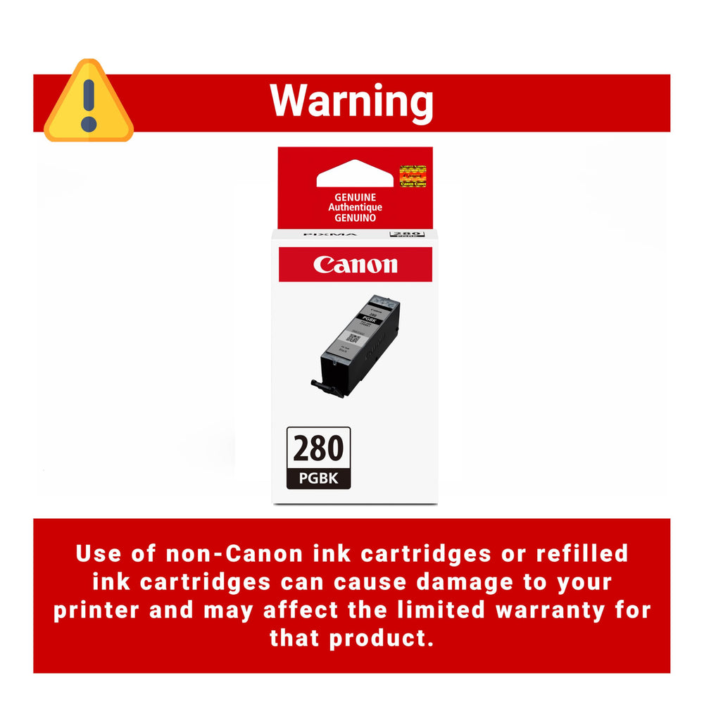 Canon PGI-280 retail packaging box promoting authentic ink and warranty