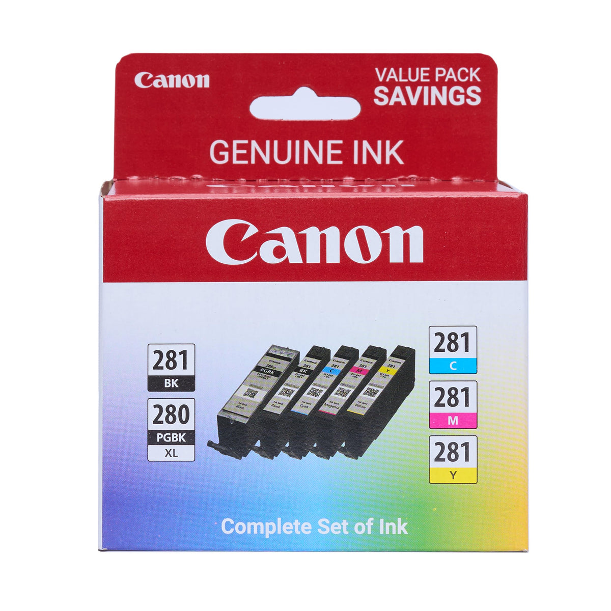 Canon front view of the PGI-280XL CLI-281 pack showing full set and clear branding and benefit