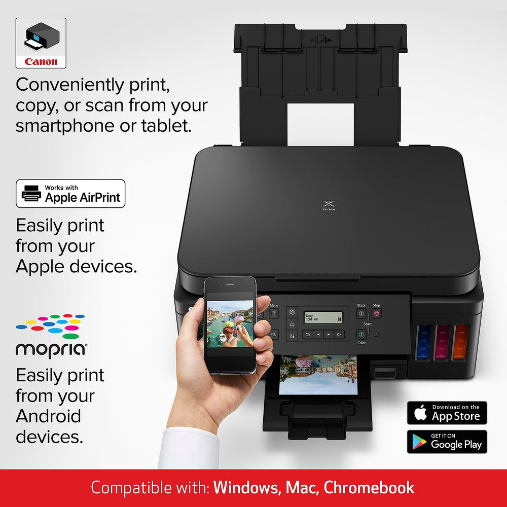 Canon PIXMA G6020 paper tray and output stack showing reliable media handling