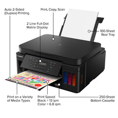Canon PIXMA G6020 printing a borderless photo demonstrating vivid color output