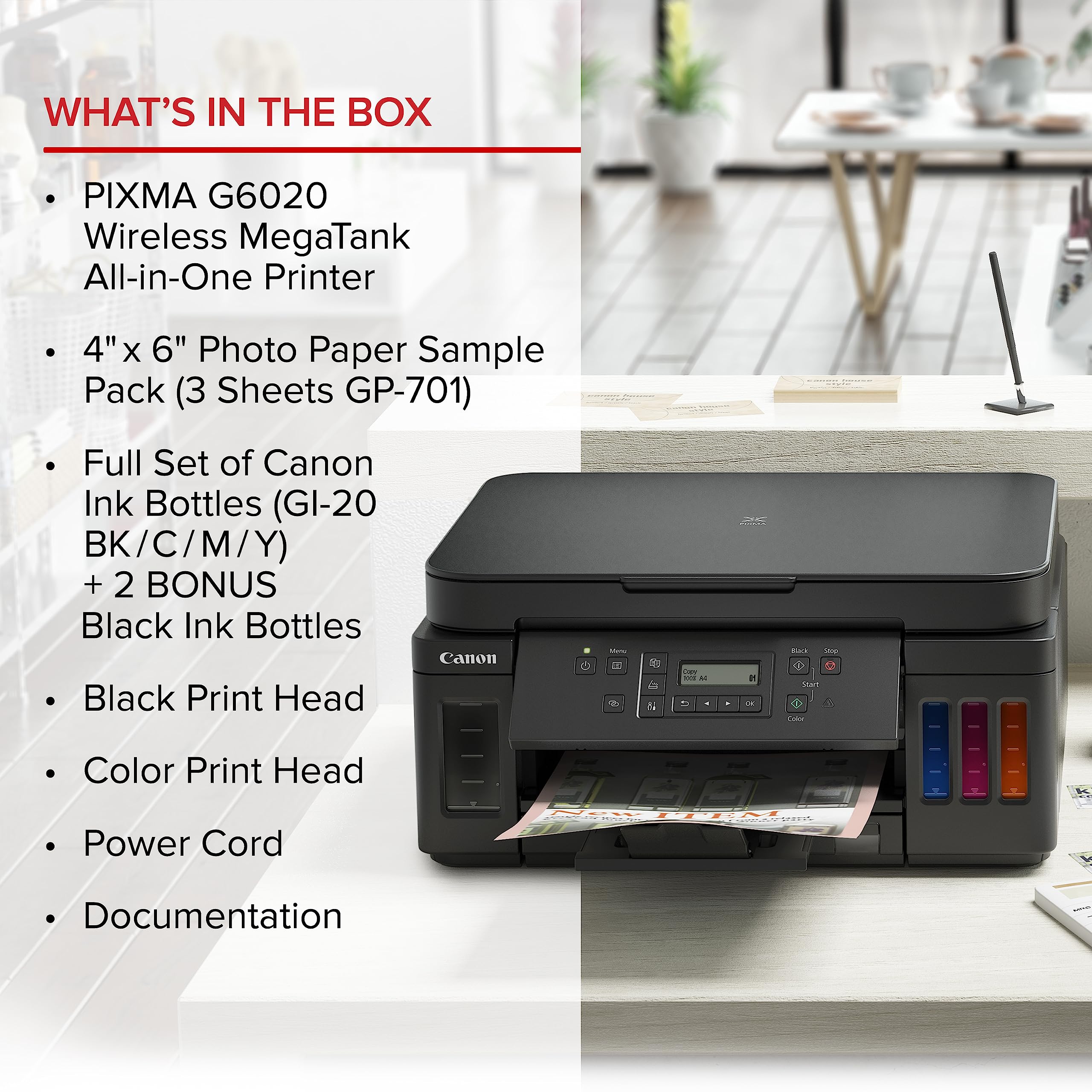 Canon PIXMA G6020 on desk size comparison illustrating space-saving footprint