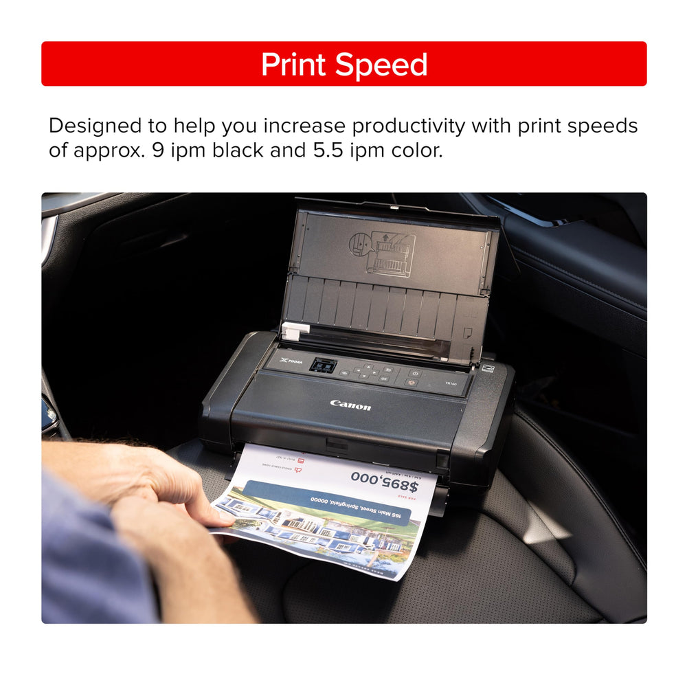 Canon PIXMA TR160 with optional battery attached showing cordless printing
