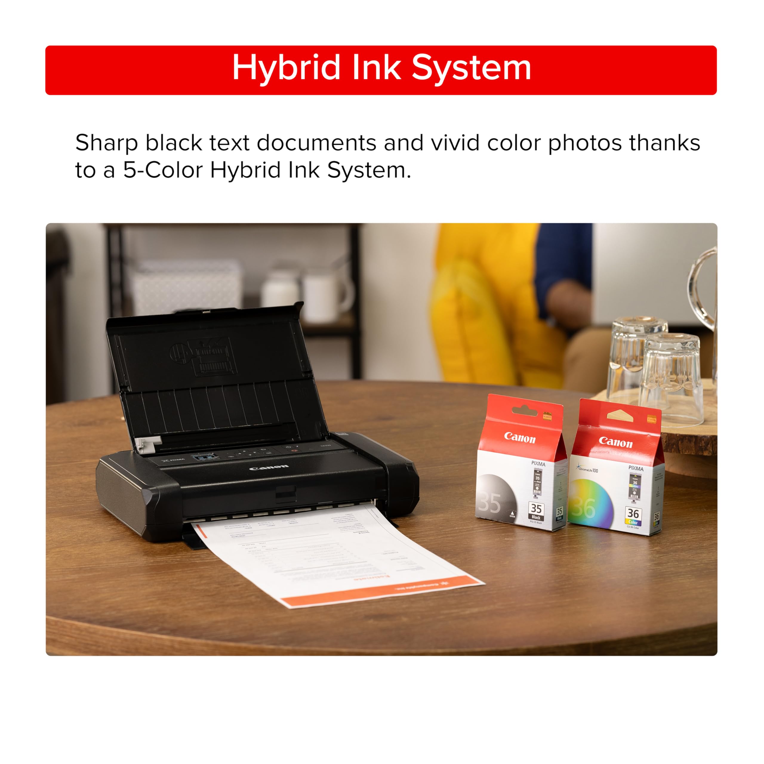 Canon PIXMA TR160 with five-color ink cartridges installed for vivid prints