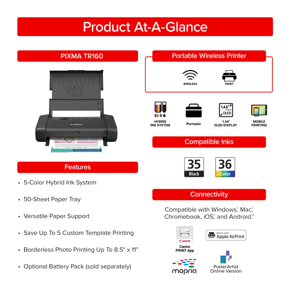 Canon PIXMA TR160 ejecting a printed document offering fast on-site output