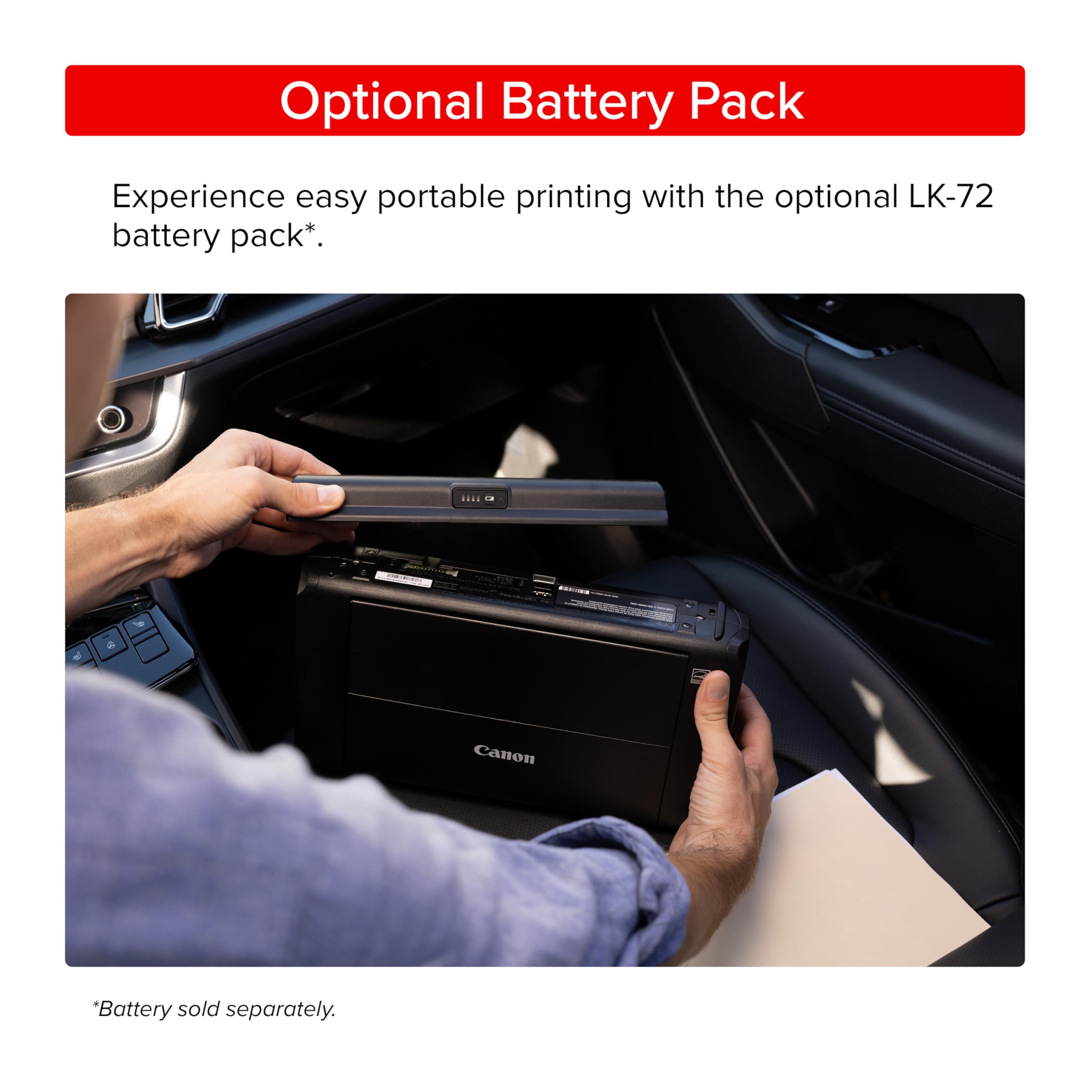 Canon PIXMA TR160 beside a backpack to illustrate travel-ready scale